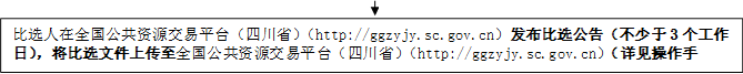 比選人在全國(guó)公共資源交易平臺(tái)（四川?。╤ttp://ggzyjy.sc.gov.cn）發(fā)布比選公告（不少于3個(gè)工作日），將比選文件上傳至全國(guó)公共資源交易平臺(tái)（四川?。╤ttp://ggzyjy.sc.gov.cn）（詳見操作手冊(cè)）。

